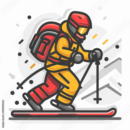 Man in a yellow jacket and red pants is skiing down a snowy slope. He is wearing a backpack and goggles
