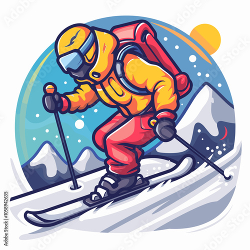 Cartoon skier is wearing a yellow jacket and red pants. He is skiing down a snowy mountain