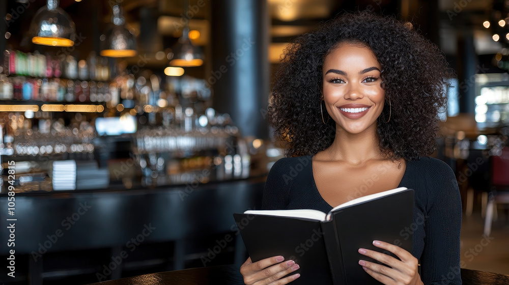 woman with curly hair smiles while holding notebook in modern cafe, exuding confidence and positivity. She appears engaged and ready to review her business plan woman with curly hair smiles while holding notebook in modern cafe, exuding confidence and positivity. She appears engaged and ready to review her business plan