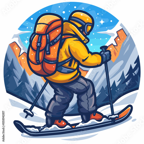 Man in a yellow jacket is skiing down a mountain with a backpack on his back. The scene is set in a snowy mountain environment, and the man is enjoying his time skiing