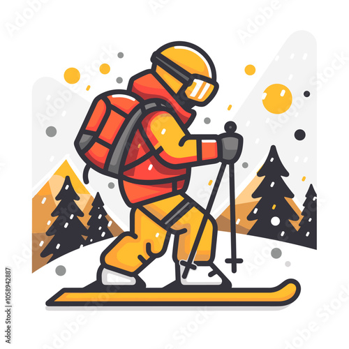 Man in a red jacket and yellow pants is skiing down a snowy mountain. He is wearing a backpack and goggles