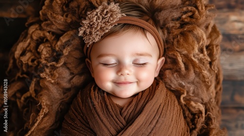 A close-up of an adorable baby wrapped in brown fabric, smiling peacefully with eyes closed, surrounded by fluffy textures, capturing innocence and warmth. photo