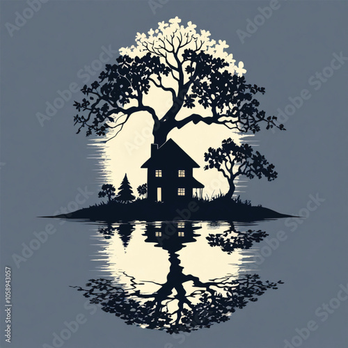 Silhouette Tree house black color .black and white drawing of a house with mountains in the background vector art