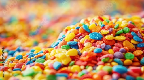 Fondant covered cake adorned with fruity pebbles creates a vibrant background, offering a sweet concept image complemented by cheerful birthday greetings. Ample copy space available.