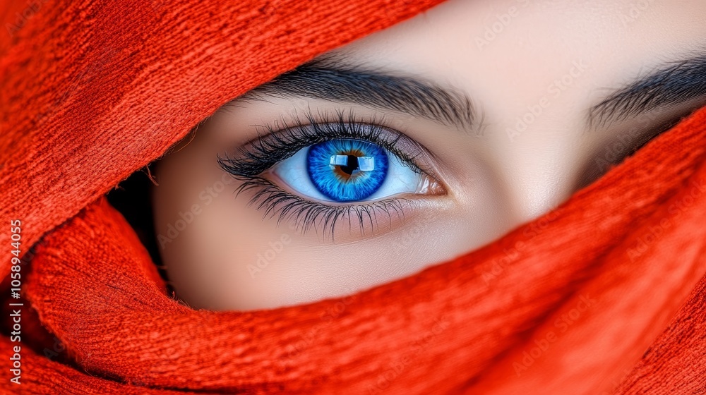 Closeup of Blue Eye with Red Fabric Background Mystery Fashion Beauty Woman Gaze Eye Red Fabric Closeup of Blue Eye with Red Fabric Background Mystery Fashion Beauty Woman Gaze Eye Red Fabric