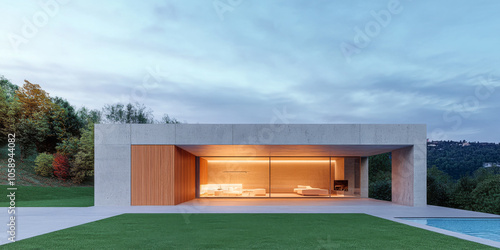 Modern minimalist house design surrounded by nature in the late afternoon light