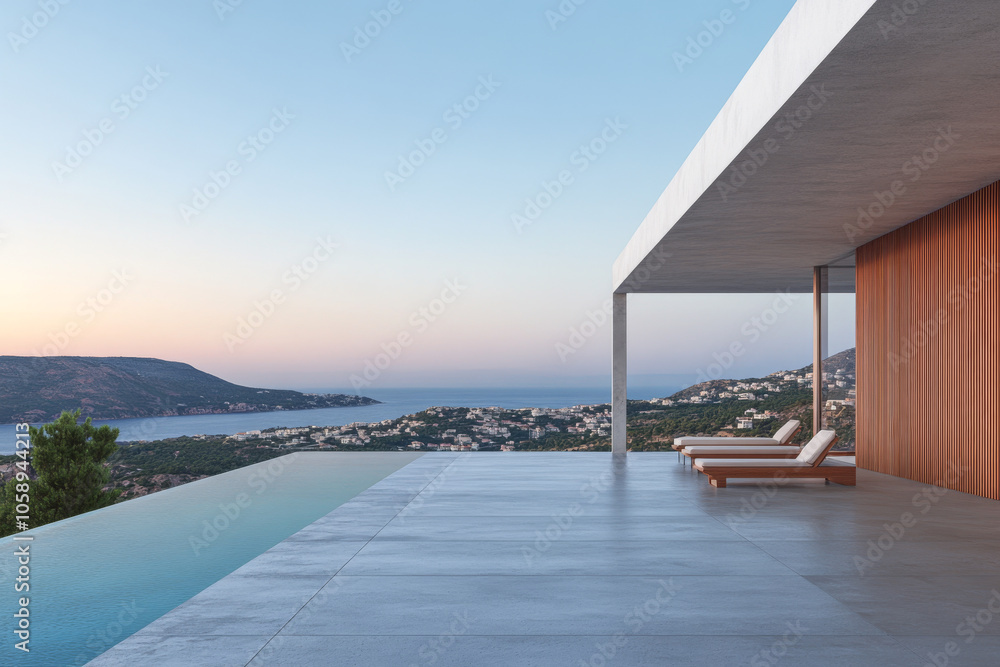 Fototapeta premium Modern villa with infinity pool overlooking a coastal sunset in a serene landscape