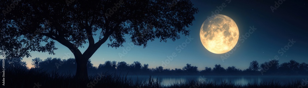 Full Moon Night Landscape with Silhouetted Tree and Lake Full Moon Night Landscape with Silhouetted Tree and Lake
