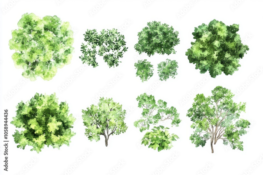 Watercolor shrub icon set from a bird’s eye view, artisan floral diagram graphics for eco-friendly design toolkit. Garden flora icons, sustainable layout graphics, landscape planning tools