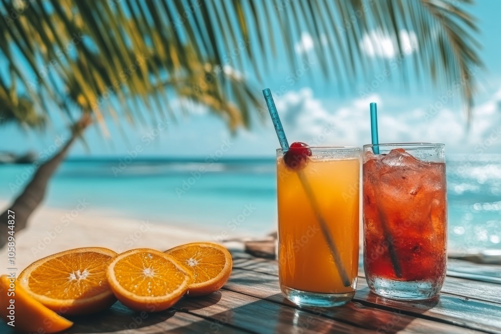 Refreshing tropical cocktails enjoyed by the beach under a clear blue sky on a sunny day Refreshing tropical cocktails enjoyed by the beach under a clear blue sky on a sunny day