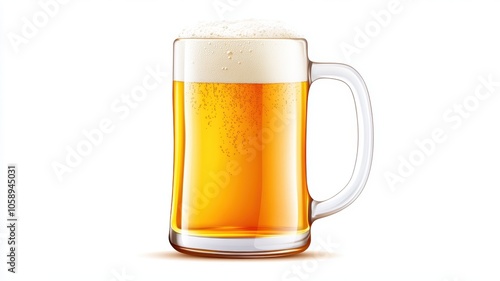 Beer mug filled with golden liquid, white isolate background