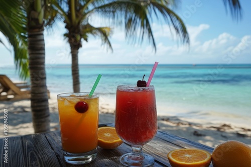 Refreshing tropical cocktails enjoyed by the beach under a clear blue sky on a sunny day