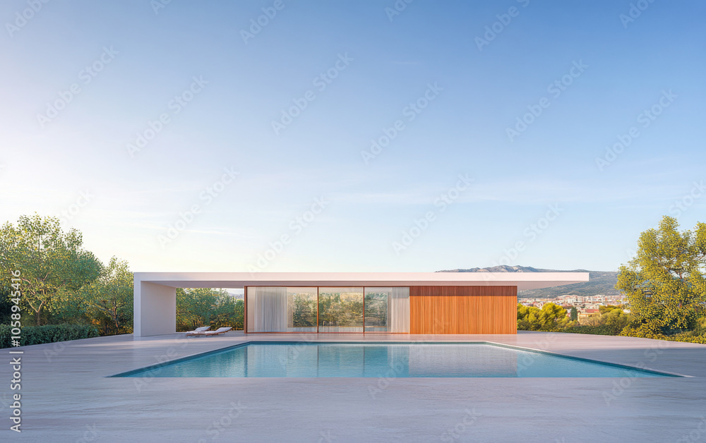 Obraz premium Modern minimalist house with an inviting swimming pool overlooking a scenic landscape at sunset