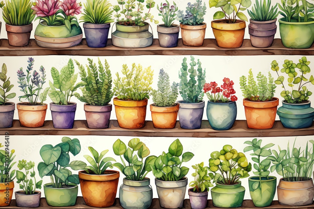 Watercolor illustration of various potted plants on wooden shelves. Watercolor illustration of various potted plants on wooden shelves.