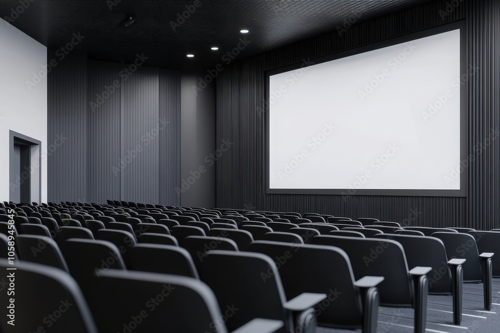 Modern empty cinema hall with rows of seats and a blank screen, perfect for movie or presentation themes. Modern empty cinema hall with rows of seats and a blank screen, perfect for movie or presentation themes.