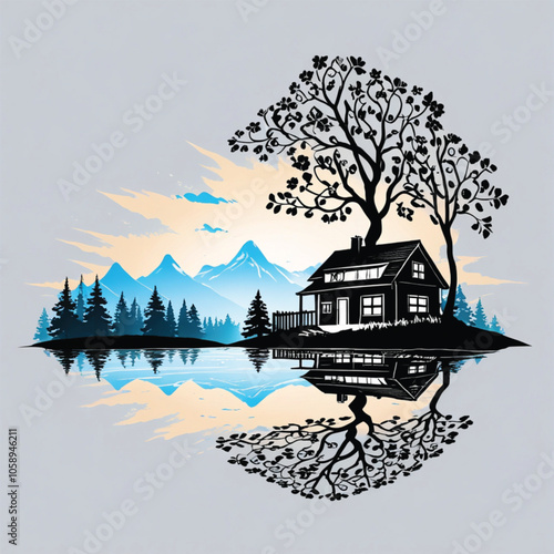 Silhouette Tree house black color .black and white drawing of a house with mountains in the background vector art