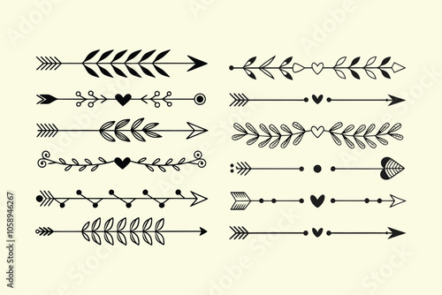 Black and White  Elements with Hearts, Leaves, and Arrows eps