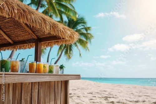 Fototapeta Naklejka Na Ścianę i Meble -  Refreshing cocktails served at a beach bar with palm trees and a beautiful ocean view under a bright sky.