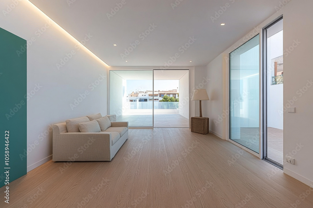 Modern living room with minimalist design and large glass doors in bright daylight Modern living room with minimalist design and large glass doors in bright daylight