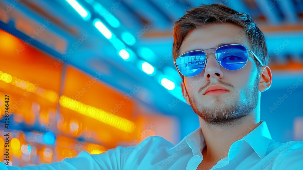 Stylish Man in Blue Sunglasses with Neon Lights Stylish Man in Blue Sunglasses with Neon Lights