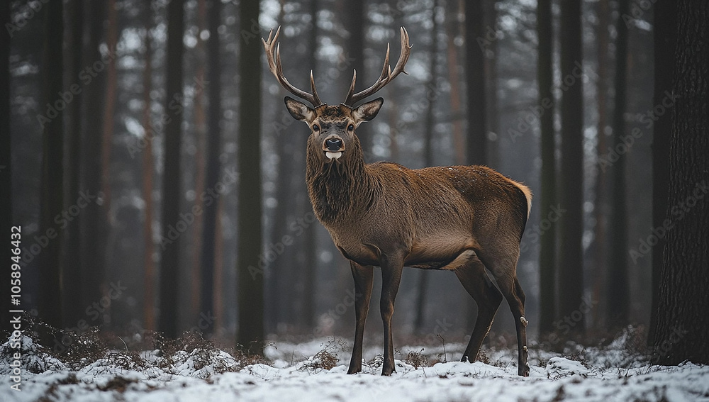 A deer with antlers standing in the snow, a forest of trees behind it A deer with antlers standing in the snow, a forest of trees behind it