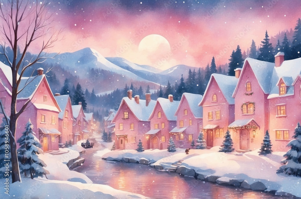 Artistic Watercolor of Snowy Village with River and Pink Sunset – Serene Mountain Scene with Snow-Covered Trees Artistic Watercolor of Snowy Village with River and Pink Sunset – Serene Mountain Scene with Snow-Covered Trees