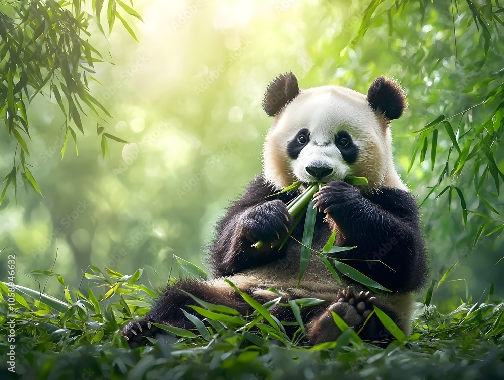 Obraz premium Panda Happily Munching Bamboo in Tranquil Bamboo Forest