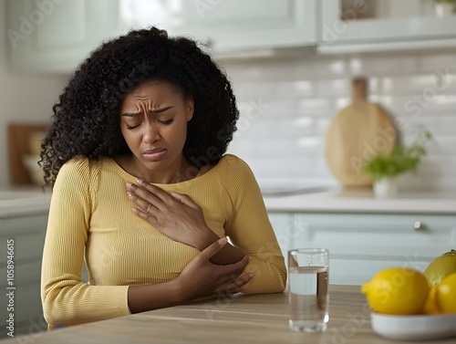 Distressed woman holding her stomach in pain while sipping water to calm her nausea at kitchen table