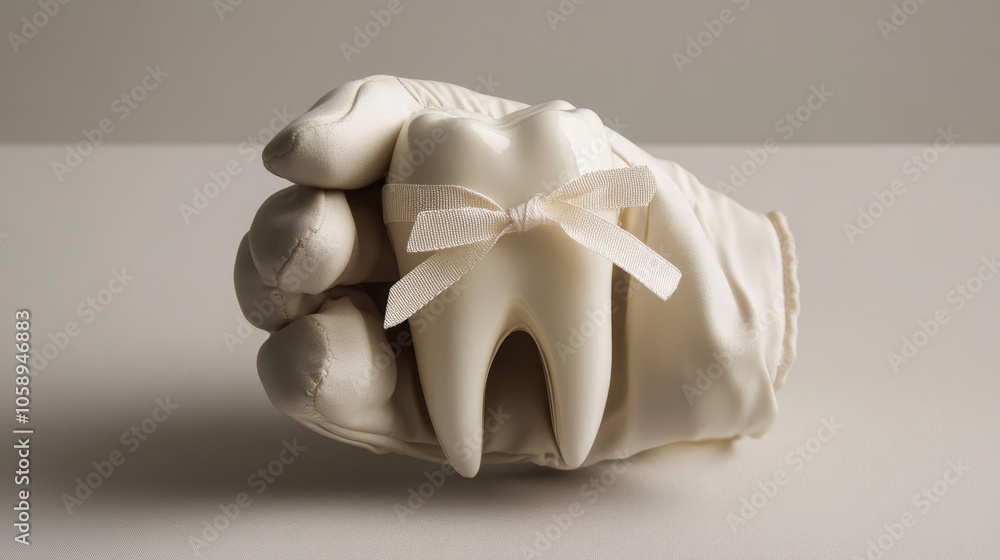 Gloved hand holding a model tooth with a ribbon Gloved hand holding a model tooth with a ribbon