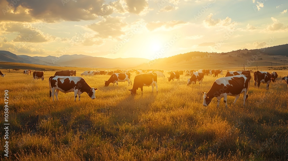 Herd of Cows Grazing in Golden Field at Warm Sunset with Peaceful Countryside Landscape Herd of Cows Grazing in Golden Field at Warm Sunset with Peaceful Countryside Landscape