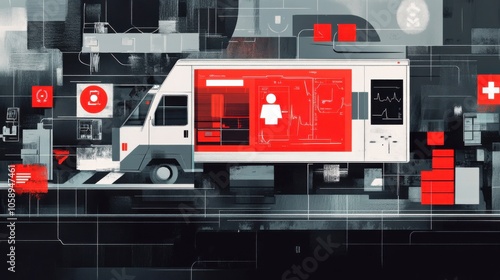 The concept of AI in Emergency Medical Dispatch in bright red and slate gray colors photo