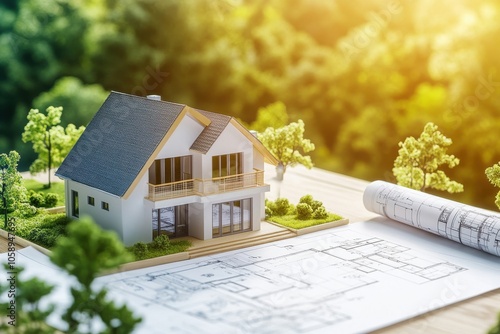 Grasping the steps involved in permit requests for home construction, showcasing a house layout and design plans on a surface, signifying endorsement and strategy for residential development photo