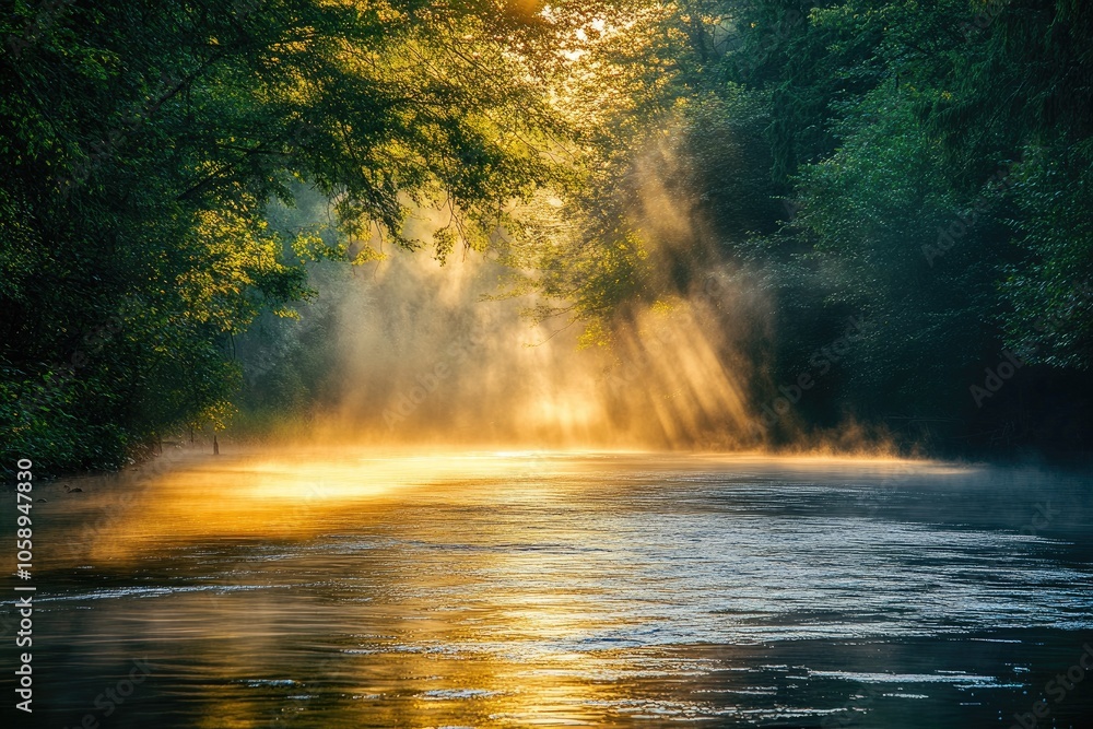 Golden Rays of Sunlight Illuminating a Misty River in a Lush Green Forest Golden Rays of Sunlight Illuminating a Misty River in a Lush Green Forest