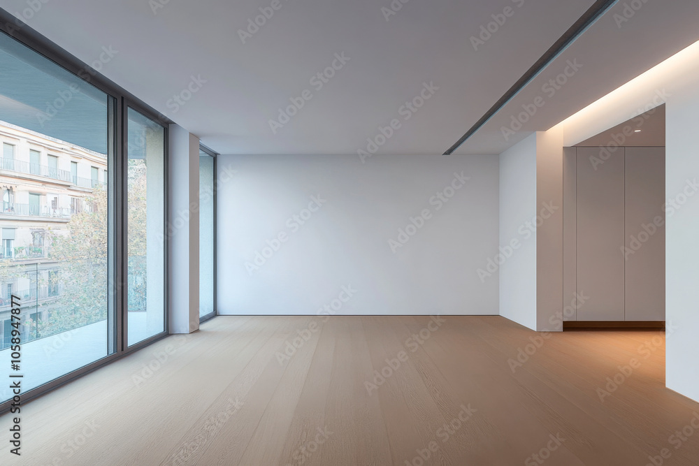 Obraz premium Spacious modern interior with large windows in an urban setting during daylight hours