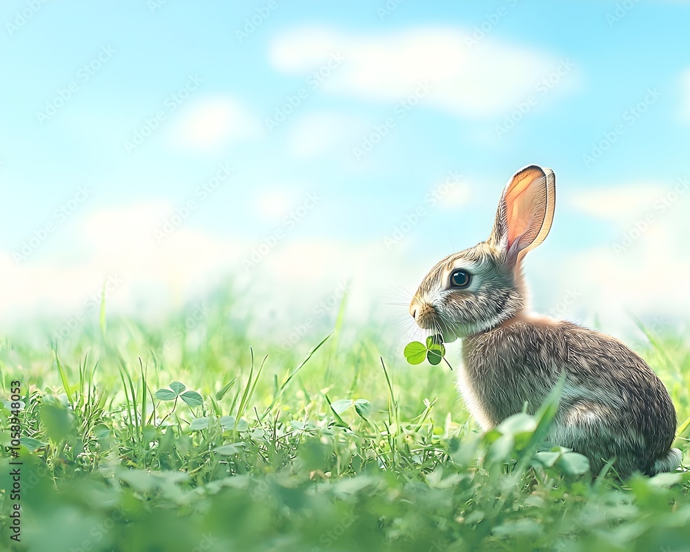 Fototapeta premium Rabbit Nibbling on Clover in a Peaceful Meadow Under Clear Blue Sky