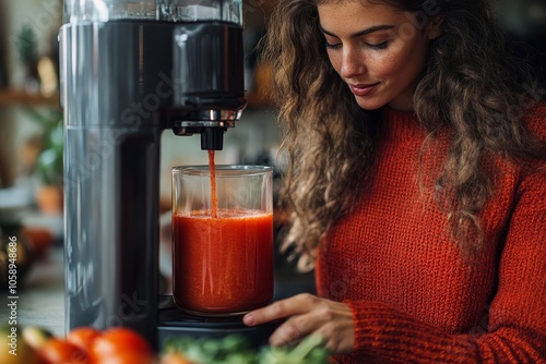 Low calories drink for wellness. woman making homemade drink by extracting fresh tomato juice, Generative AI photo