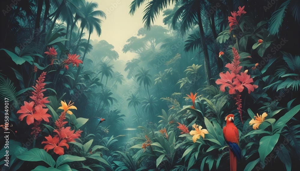 Tropical exotic pattern with animal and flowers in bright colors and lush vegetationn Tropical exotic pattern with animal and flowers in bright colors and lush vegetationn