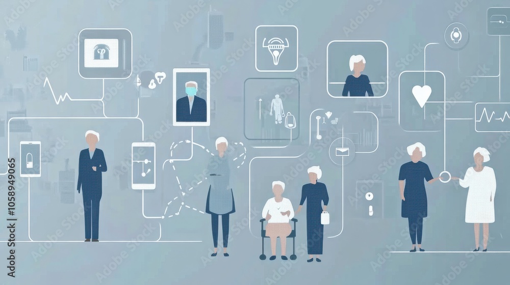 The concept of AI in Senior Care Support in soft blue and gray tones The concept of AI in Senior Care Support in soft blue and gray tones