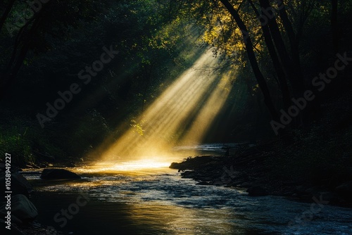 Sunlight Beams Through Forest Canopy Illuminating a River