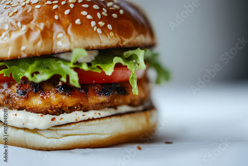 Close-up of a chicken burger featuring lettuce, tomato, and sesame seed bun, showcasing appetizing details.