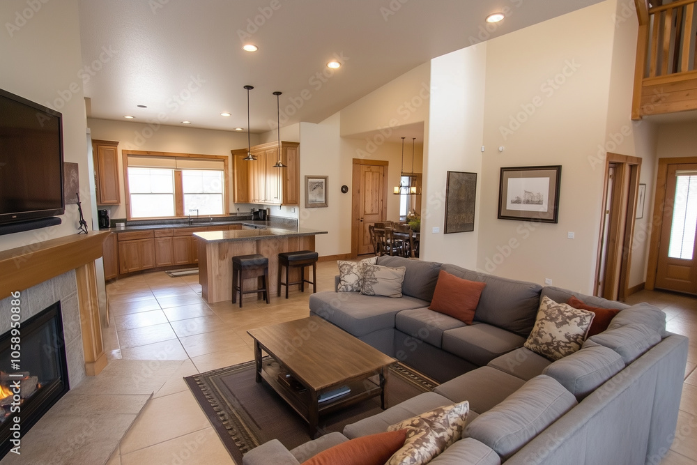 Fototapeta premium Living room interior facing kitchen with gray sofa, fireplace and screen TV