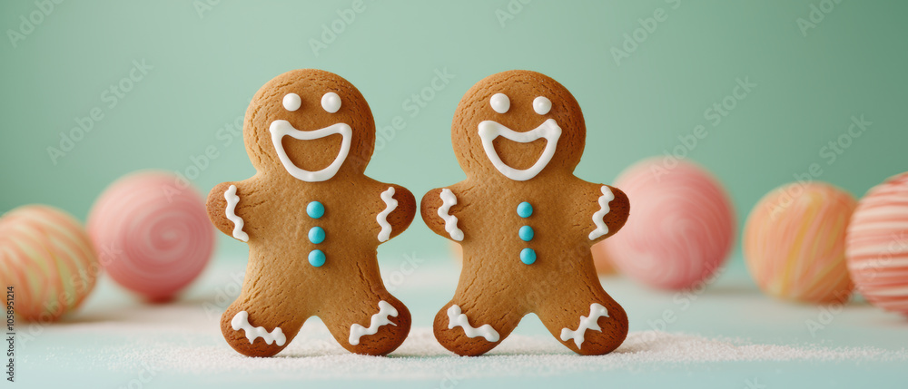 Cheerful gingerbread cookies smile against a pastel backdrop, perfect for festive themes and holiday design projects. Cheerful gingerbread cookies smile against a pastel backdrop, perfect for festive themes and holiday design projects.