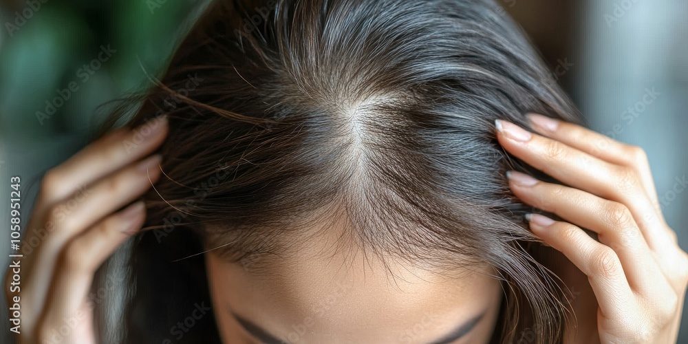 Obraz premium Hair loss problem, Asian woman look at scalp worry about balding, Generative AI