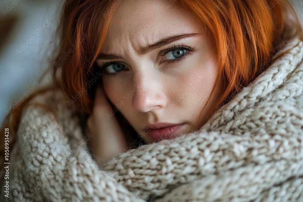 Young woman covering her body by blanket feeling cold from fever, Generative AI Young woman covering her body by blanket feeling cold from fever, Generative AI