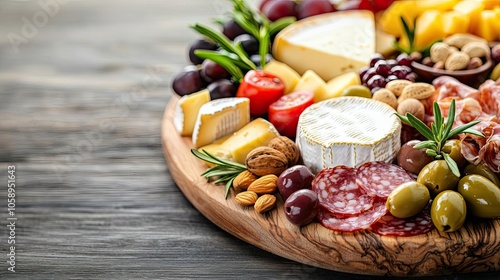 Colorful platter of cheeses, meats, olives, and nuts on a wooden board.