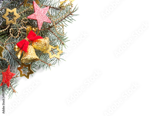 Obraz na płótnie Christmas tree branches with decorations isolated on white background. Flat lay. w salonie