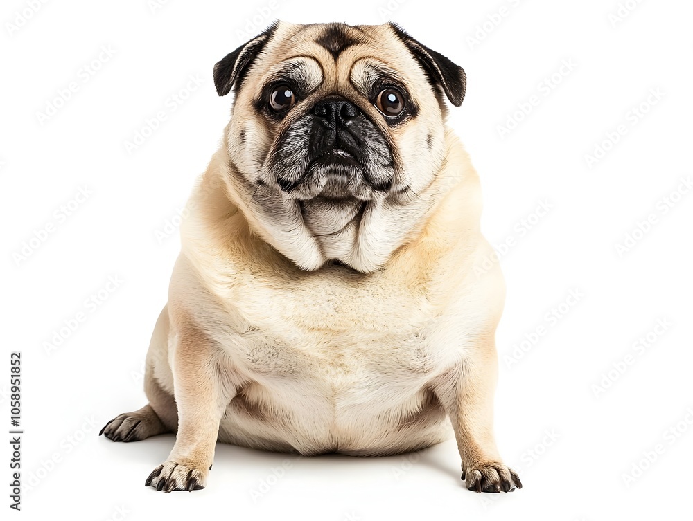 A Chubby Pug Sitting Contentedly on a Pure White Background Showing Its Friendly Facial Expression and Rolls of Fur A Chubby Pug Sitting Contentedly on a Pure White Background Showing Its Friendly Facial Expression and Rolls of Fur