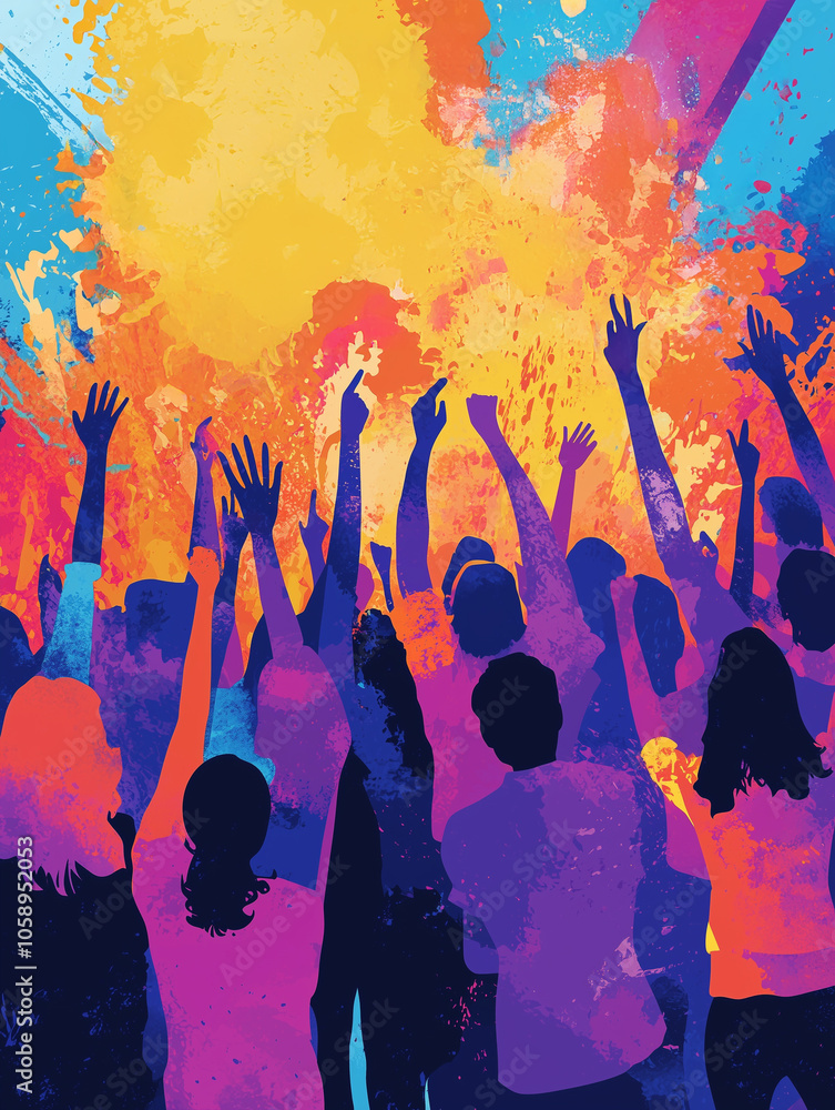a vibrant and colorful illustration of a crowd of people with their hands raised in the air a vibrant and colorful illustration of a crowd of people with their hands raised in the air