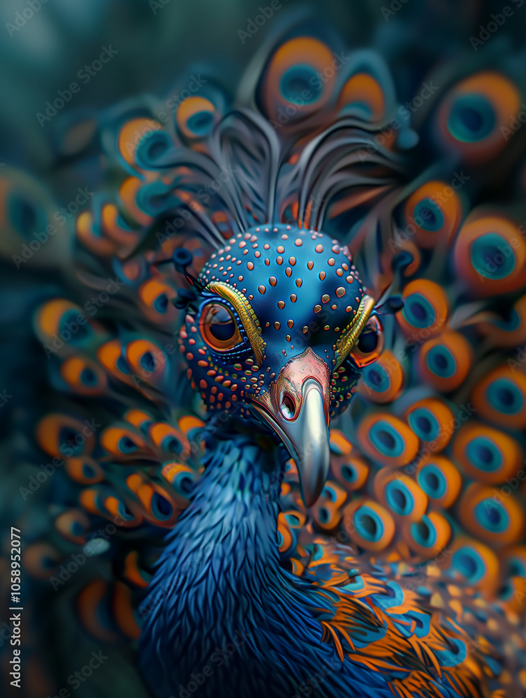 Obraz premium Peacock feather close up. Fantasy creatures, strange fictional birds. Smartphone or computer wallpaper. Unique, Surreal, magical birds Abstract background.