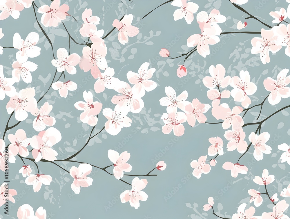 Delicate Cherry Blossom Pattern in Soft Pinks and Whites on Pale Blue Background Delicate Cherry Blossom Pattern in Soft Pinks and Whites on Pale Blue Background